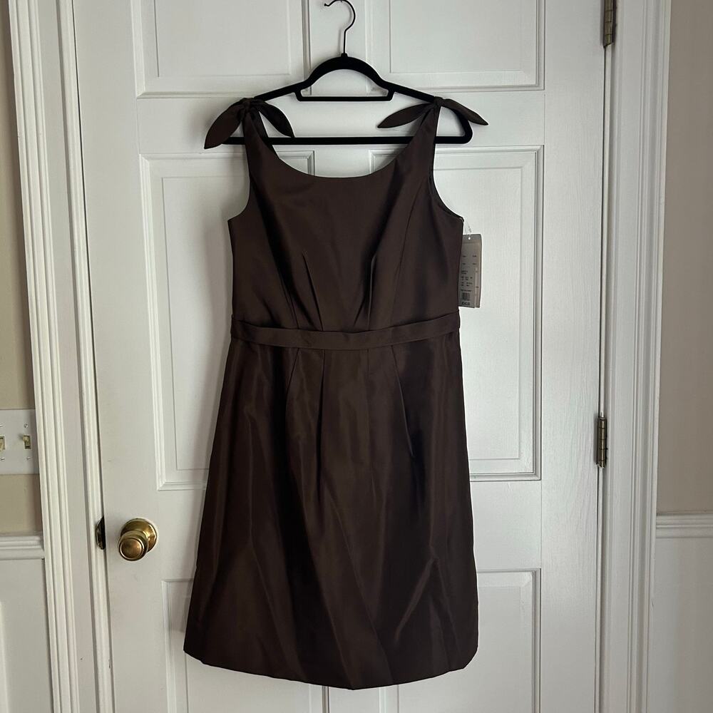 NWT Priscilla of Boston Brown 100% Silk Sleeveless Tie Shoulder Dress Size 14